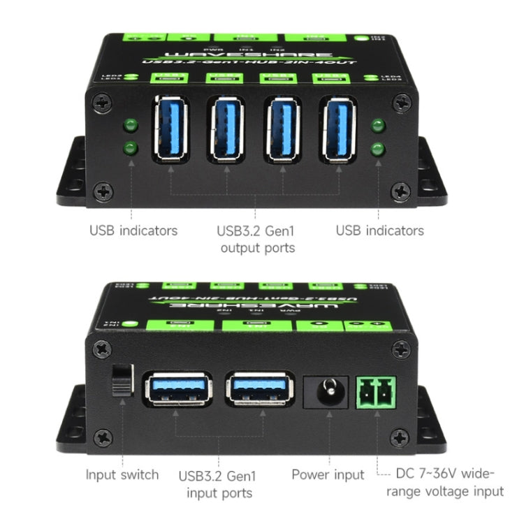 Waveshare 23929 HUB USB, 4 puertos USB 3.2 extensibles, hosts duales conmutables, protecciones múltiples, 23929