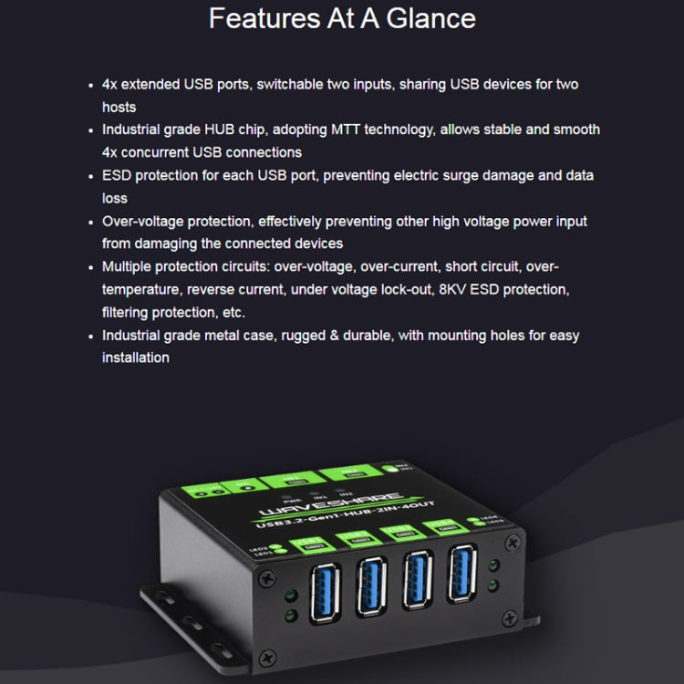 Waveshare 23929 HUB USB, 4 puertos USB 3.2 extensibles, hosts duales conmutables, protecciones múltiples, 23929