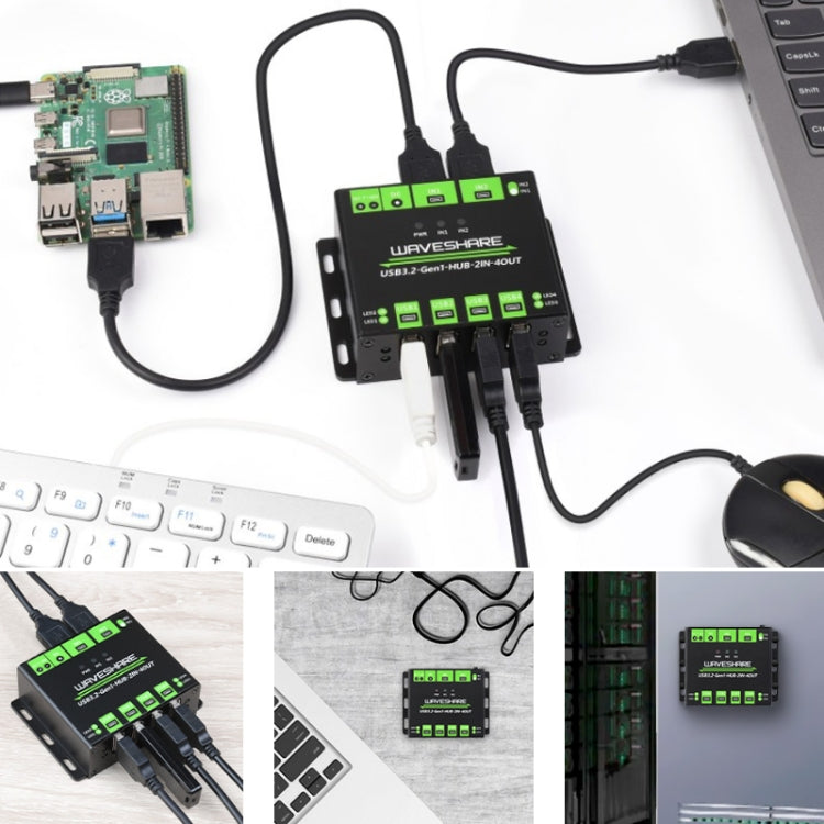 Waveshare 23929 HUB USB, 4 puertos USB 3.2 extensibles, hosts duales conmutables, protecciones múltiples, 23929