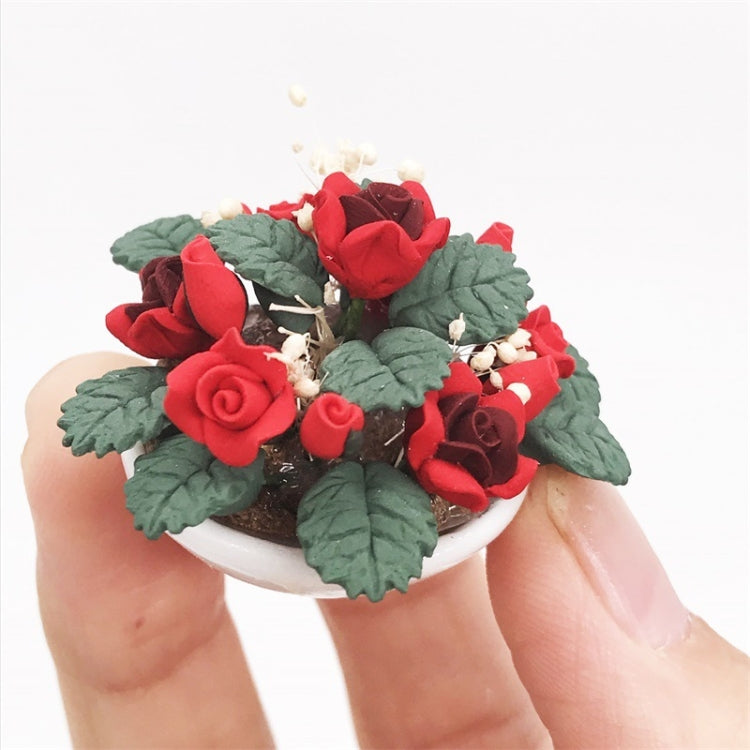 Mini casa de juguete 1:12, adorno de rosa en maceta con flores de simulación para jardín, Rose