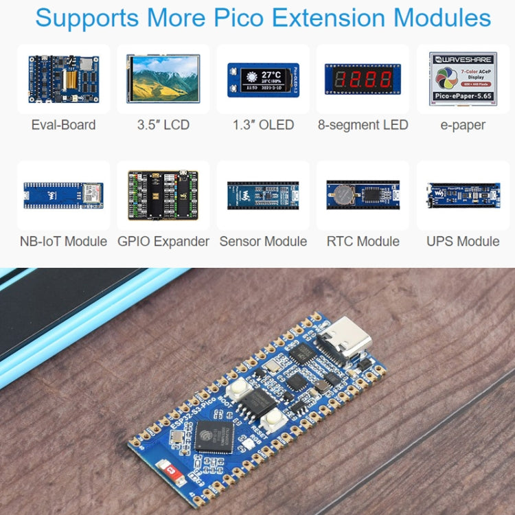 Microcontrolador Waveshare ESP32-S3, procesador de doble núcleo de placa de desarrollo Wi-Fi de 2,4 GHz, 23803