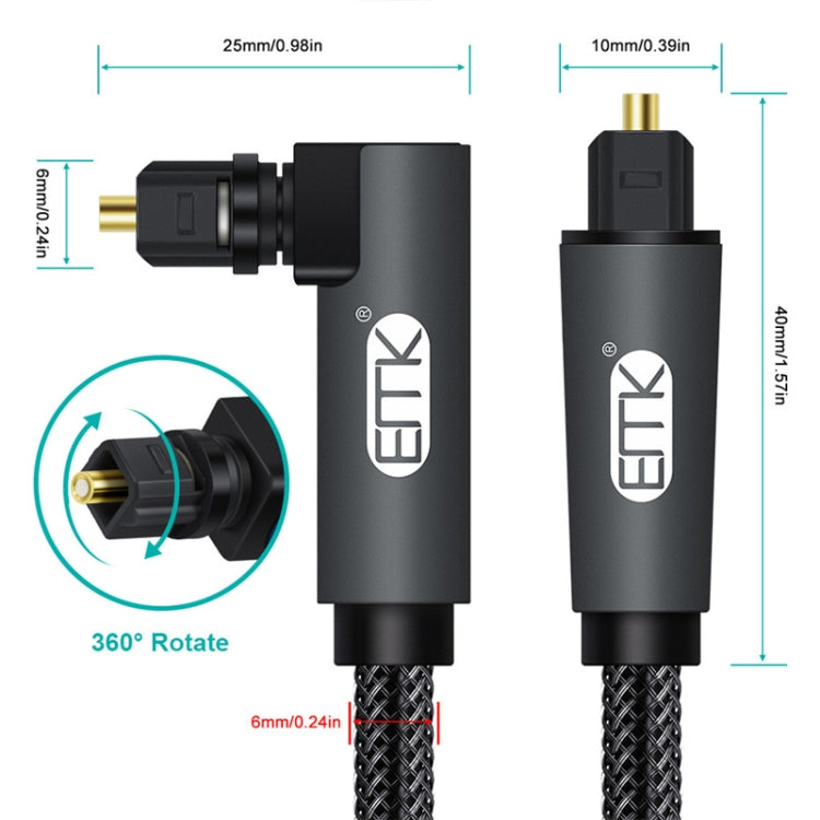 Cable de Audio óptico de malla tejida de nailon con enchufe giratorio de 360 grados en ángulo recto ajustable giratorio de 90 grados EMK, 1m(Black), 1.5m(Black), 2m(Black), 3m(Black), 5m(Black), 8m(Black), 10m(Black), 15m(Black), 20m(Black), 25m(Black)...