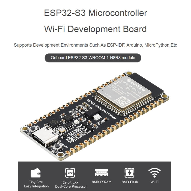 Waveshare ESP32-S3 Microcontrolador 2,4 GHz Placa de desarrollo Wi-Fi Módulo ESP32-S3-WROOM-1-N8R8, 24263, 24363