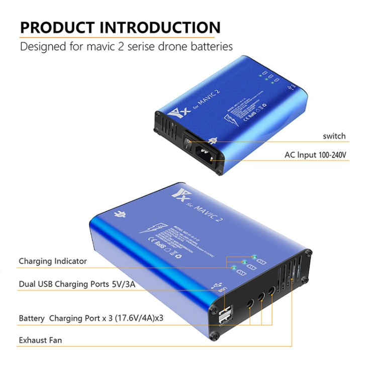 YX para DJI MAVIC 2 Cargador de aleación de aluminio con interruptor, US Plug, EU Plug, UK Plug, AU Plug