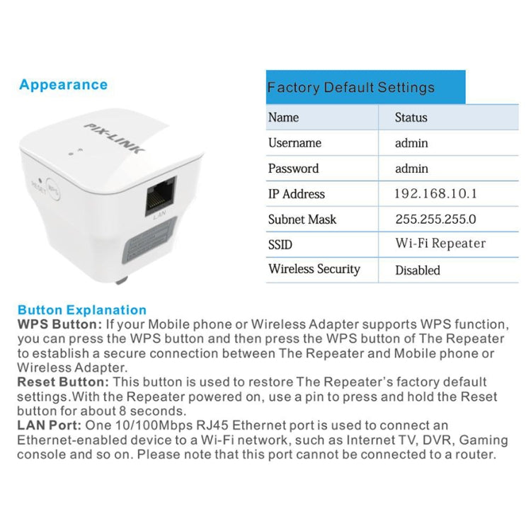 Repetidor mejorado de amplificación de señal WIFI PIXLINK WR12 300Mbps, EU Plug, UK Plug, US Plug, AU Plug