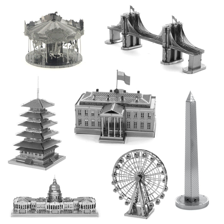 3 PCS 3D Metal Asamblea Modelo Mundo Construcción DIY Puzzle Juguete, Leaning Tower of Pisa, Big Ben, Golden Gate Bridge, Empire State Building, White House, Five-storied Pagoda, Brooklyn Bridge, Carousel, American Tower, Kennedy Arts Center           ...