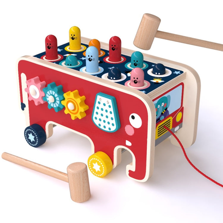 Carro de arrastre de elefante de madera de percusión para bebé, juguetes educativos para niños que golpean a hámster, Red Elephant, Blue Elephant