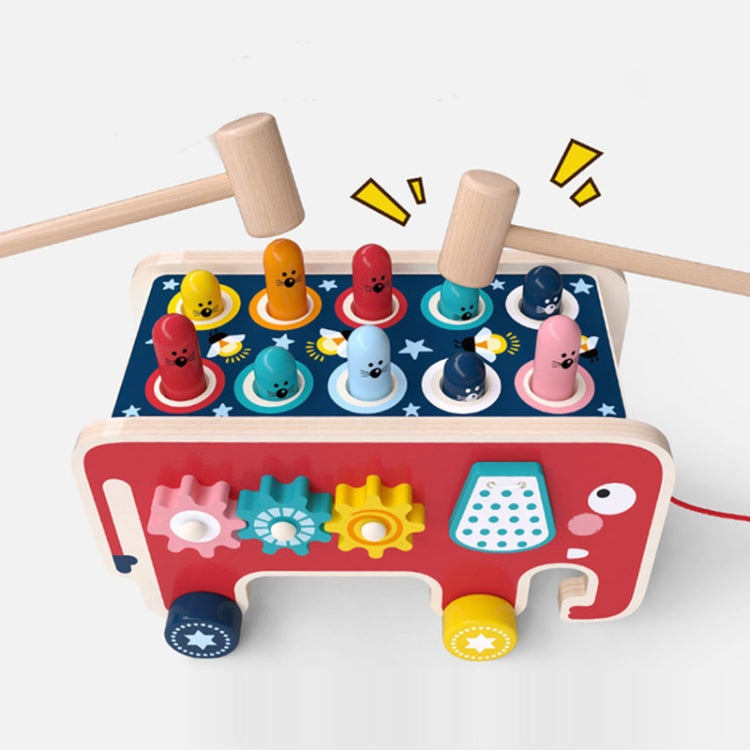 Carro de arrastre de elefante de madera de percusión para bebé, juguetes educativos para niños que golpean a hámster, Red Elephant, Blue Elephant