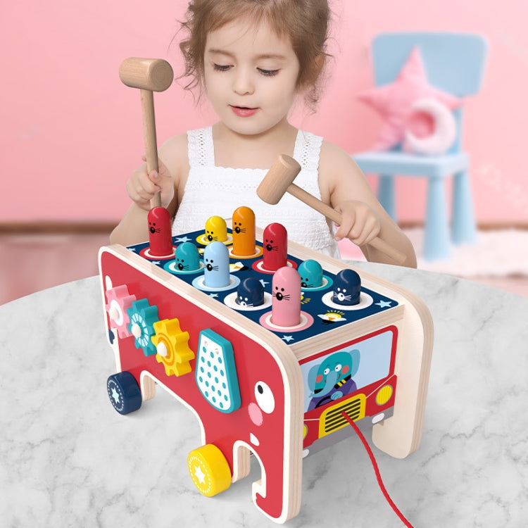 Carro de arrastre de elefante de madera de percusión para bebé, juguetes educativos para niños que golpean a hámster, Red Elephant, Blue Elephant