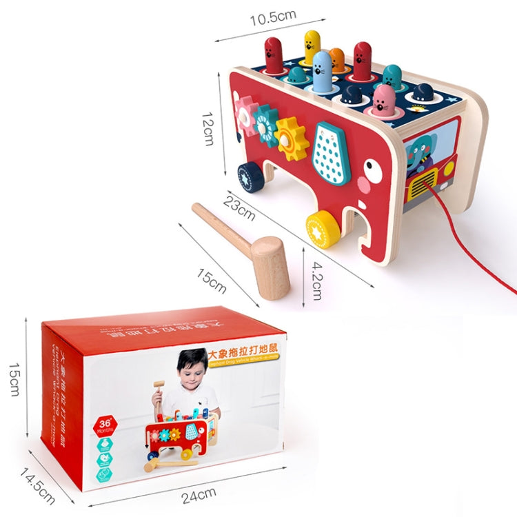 Carro de arrastre de elefante de madera de percusión para bebé, juguetes educativos para niños que golpean a hámster, Red Elephant, Blue Elephant