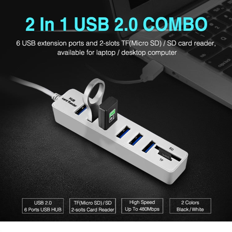 Multi USB 2.0 Hub USB Splitter Alta velocidad 6 puertos con lector de tarjetas TF SD