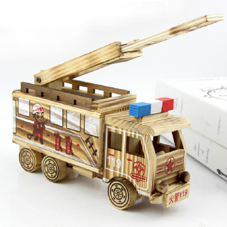 Simulación de camión de rescate de incendios, modelo creativo para el hogar, adornos de madera., Fire Truck
