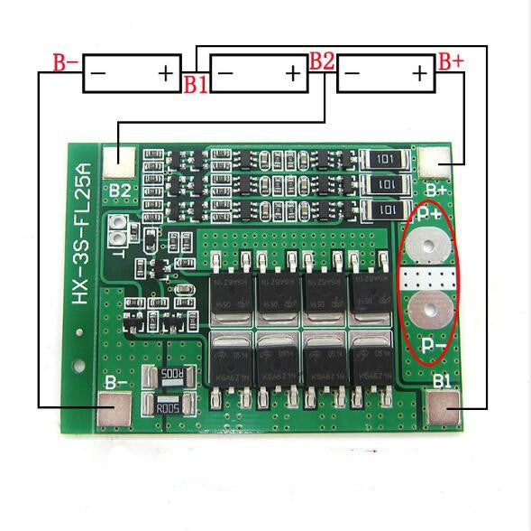 Tablero de protección contra sobrecarga de sobrecorriente 25A 11.1V-12.6V con ecualización para batería de litio 18650, 3 S 12V 25A