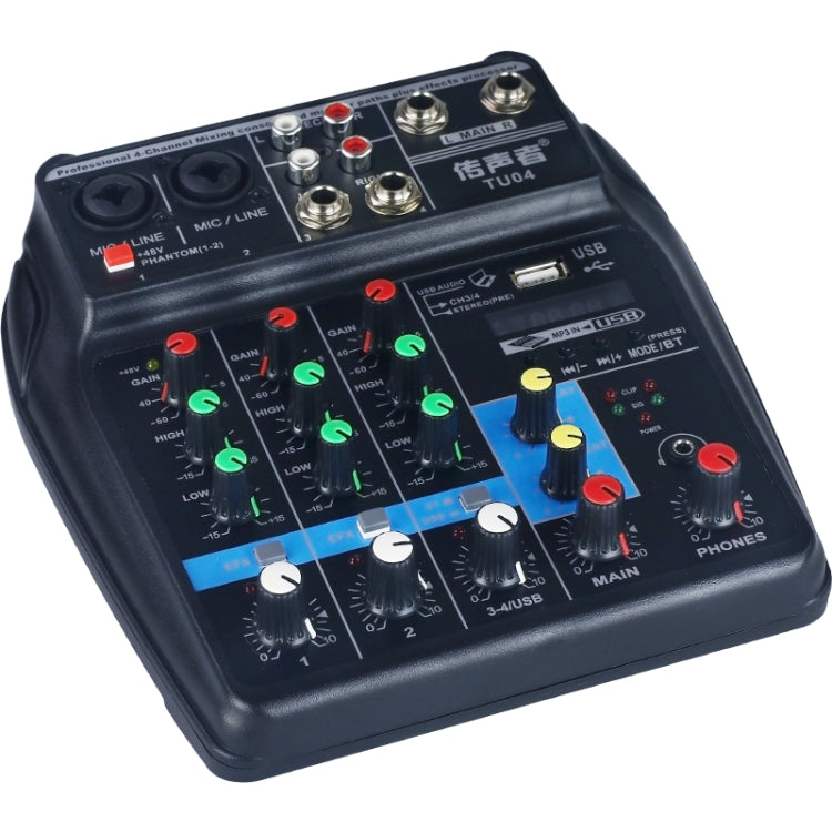 TU04 BT Consola mezcladora de sonido Grabar 48V Phantom Power Monitor AUX Paths Plus Efectos Mezclador de audio de 4 canales con USB
