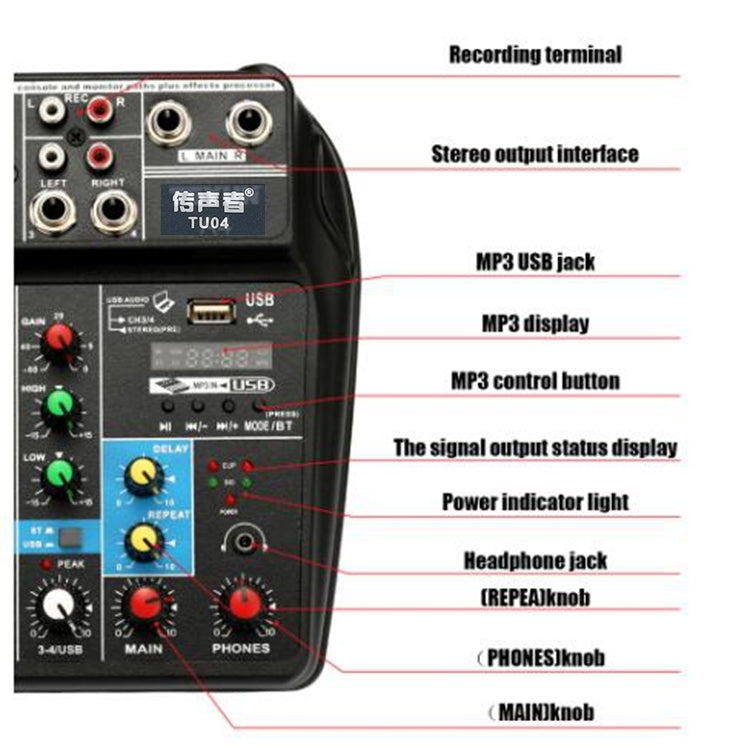 TU04 BT Consola mezcladora de sonido Grabar 48V Phantom Power Monitor AUX Paths Plus Efectos Mezclador de audio de 4 canales con USB