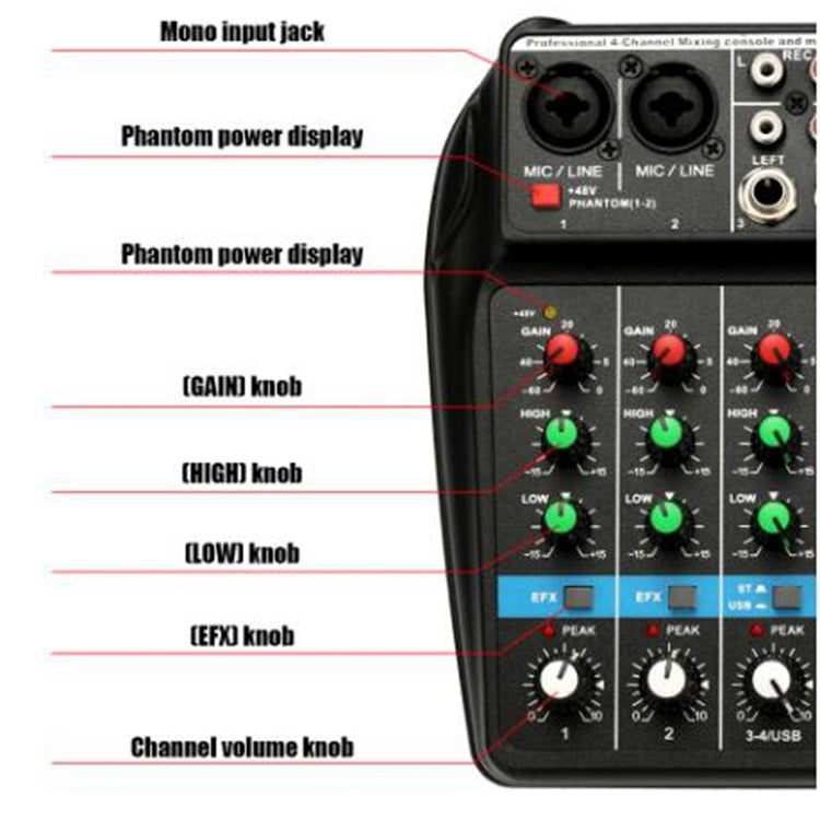 TU04 BT Consola mezcladora de sonido Grabar 48V Phantom Power Monitor AUX Paths Plus Efectos Mezclador de audio de 4 canales con USB