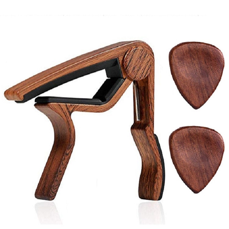 Cejilla de guitarra de música folclórica de madera maciza 2 en 1 + juego de púas, Folk Music Guitar Capo