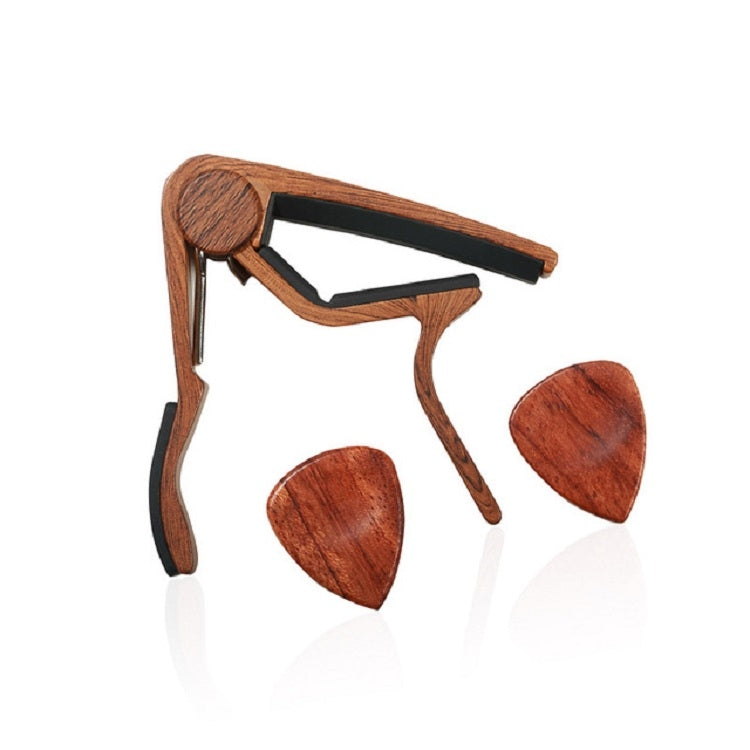 Cejilla de guitarra de música folclórica de madera maciza 2 en 1 + juego de púas, Folk Music Guitar Capo