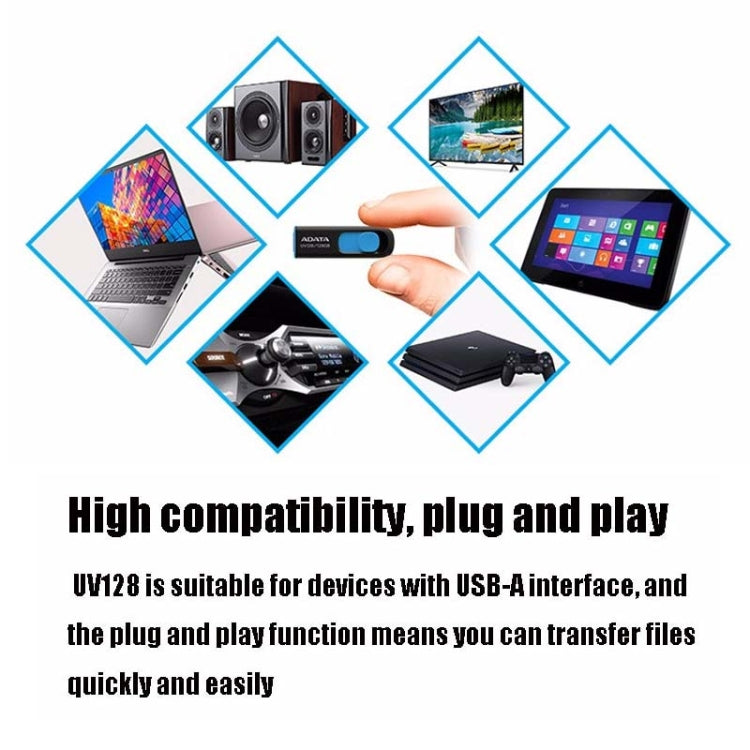 ADATA UV128 Altavoz para automóvil Almacenamiento de oficina Disco en U, 16GB, 32GB, 64GB, 128GB