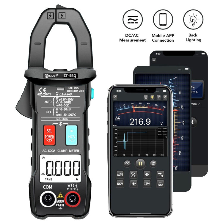 BSIDE Bluetooth 5.0 6000 palabras Medidor de abrazadera de CA inteligente de alta precisión, ZT-5BQ, ZT-5BQ+C3140 Clip