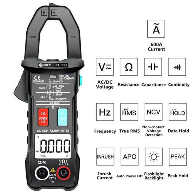 BSIDE Bluetooth 5.0 6000 palabras Medidor de abrazadera de CA inteligente de alta precisión, ZT-5BQ, ZT-5BQ+C3140 Clip