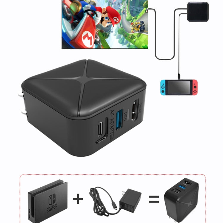 Base de adaptador de CA de carga y proyección multifunción compatible con Android/PC/Lite para interruptor, Black+US Plug, Black+EU Plug, Black+UK Plug