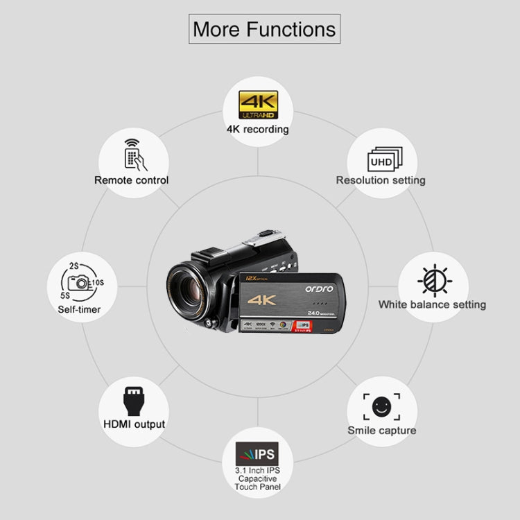 ORDRO AC5 4K HD Visión nocturna WiFi 12X Zoom óptico Video digital Cámara DV Videocámara, Standard, Standard + Microphone, Standard + Microphone + Handheld Stand, Standard+  Microphone + Fill Light