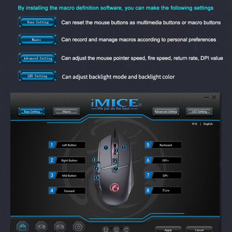 iMICE T91 Ratón luminoso para juegos con cable USB, 8 teclas, 7200 ppp, longitud del cable: 1,8 m