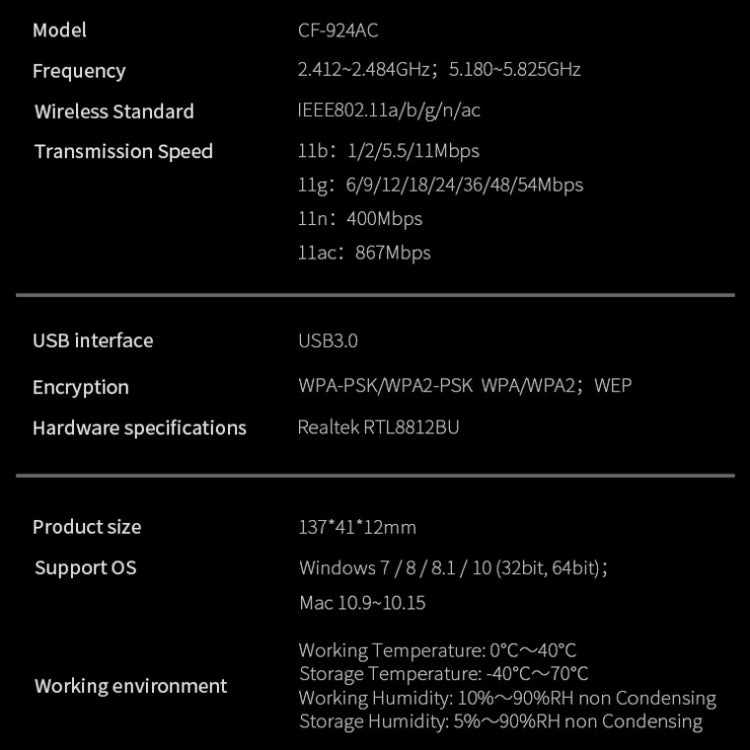 COMFAST CF-924AC V2 1200Mbps Frecuencia Dual Gigabit USB ordenador receptor WIFI tarjeta de red inalámbrica de alta potencia