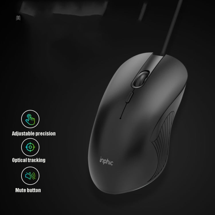 Ratón con cable para juegos Inphic PB1 Business Office Mute Macro Definición, longitud del cable: 1,5 m, Black Silen Business Version, Classic Back Breathing Light, Matte White Breathing Light