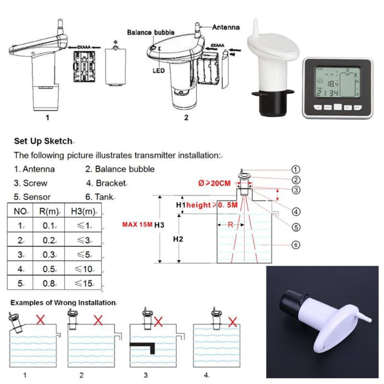 TS-FT002 Indicador de nivel de tanque de agua electrónico ultrasónico multifuncional con termómetro de temperatura interior Pantalla de reloj Indicador de nivel de agua, TS-FT002