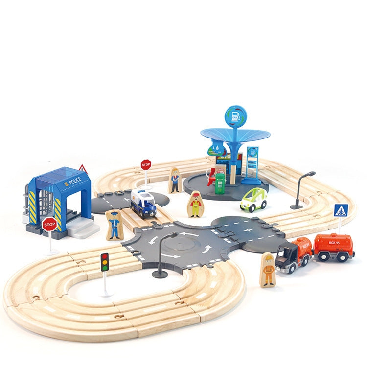 Estación de policía de madera multifuncional, juego de pistas de carretera, bloques de construcción de ensamblaje para bebés, juguetes educativos de educación temprana, Police Station Road Track Set