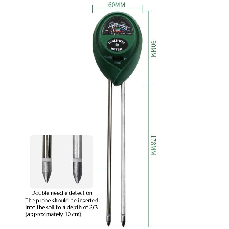 Detector de suelo 3 en 1, valor de PH, pluma de prueba de intensidad de luz, cabeza redonda, medidor de humedad seca del suelo, 3 In 1