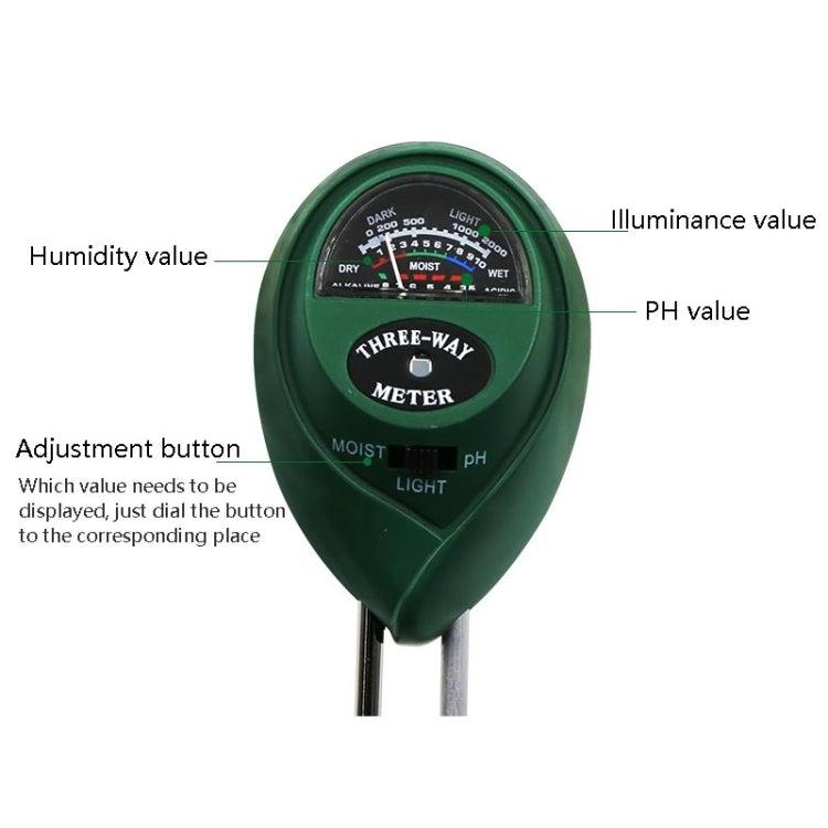 Detector de suelo 3 en 1, valor de PH, pluma de prueba de intensidad de luz, cabeza redonda, medidor de humedad seca del suelo, 3 In 1