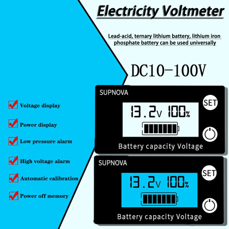 SUPNOVA DC 8-100V Indicador de capacidad de batería Voltímetro Medidor de voltaje, Estilo:, White, White + Alarm + Temperature, Blue, Blue +Alarm + Temperature