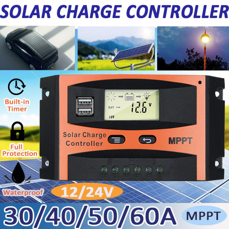 Controlador solar de identificación automática MPPT 12V/24V con salida USB, 30A, 40A, 50A, 60A