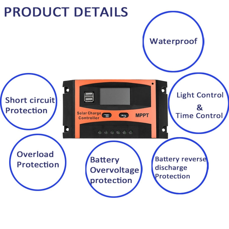 Controlador solar de identificación automática MPPT 12V/24V con salida USB, 30A, 40A, 50A, 60A