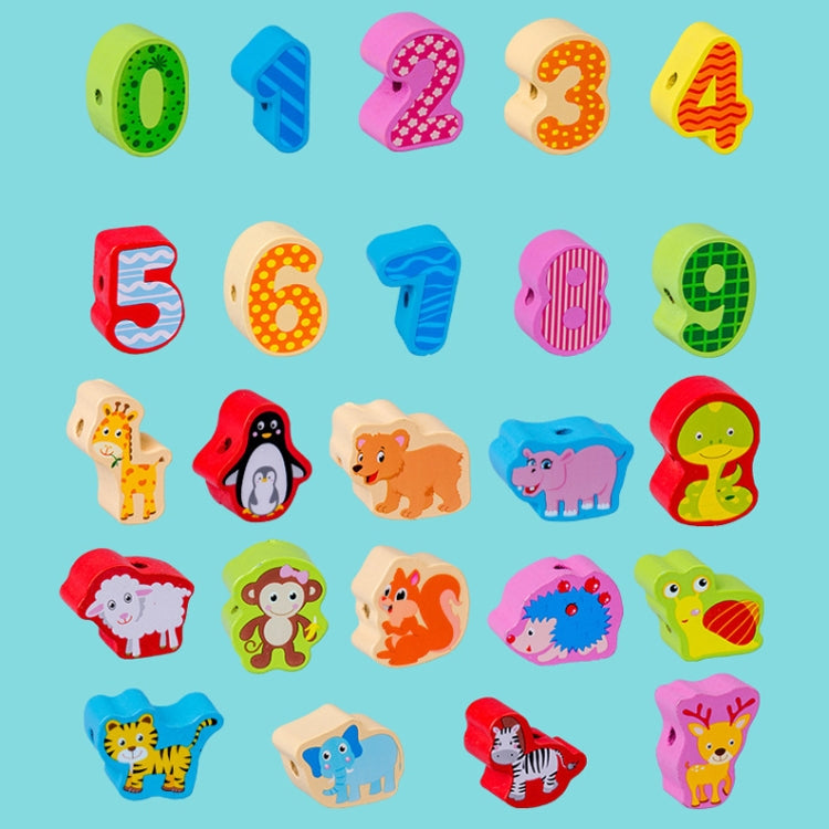Niños ensartando juguetes para enhebrar cuentas de madera cognitivas de educación temprana, 60 PCS / Set Number+Animal, 100 PCS / Set Letter+Traffic