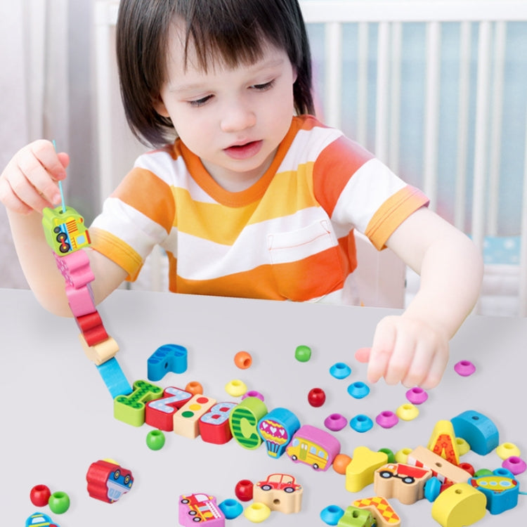 Niños ensartando juguetes para enhebrar cuentas de madera cognitivas de educación temprana, 60 PCS / Set Number+Animal, 100 PCS / Set Letter+Traffic