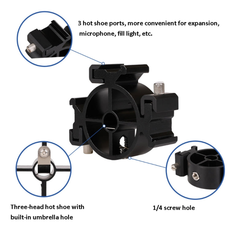 2 uds. Campo redondo 3 cabeza Triple adaptador de montaje de zapata soporte de Flash soporte de soporte de luz, Round Triple Heads Bracket