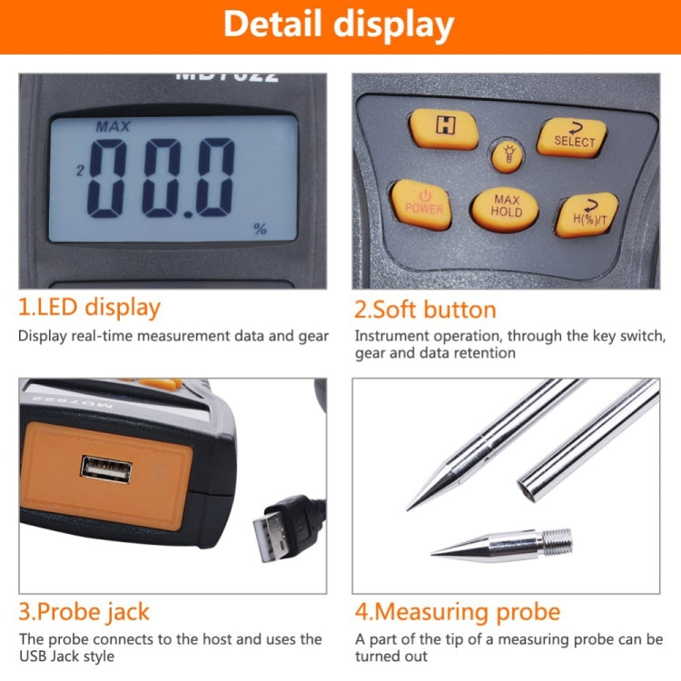 Probador de humedad de grano inteligente MD7822 Medidor de humedad digital de sonda ultralarga