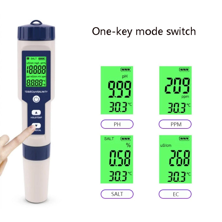 EZ-9909 PH/Salinidad/Temperatura/TDS/EC Pluma de prueba 5 en 1 Detector de calidad del agua multifuncional, 5-in-1 Test Pen