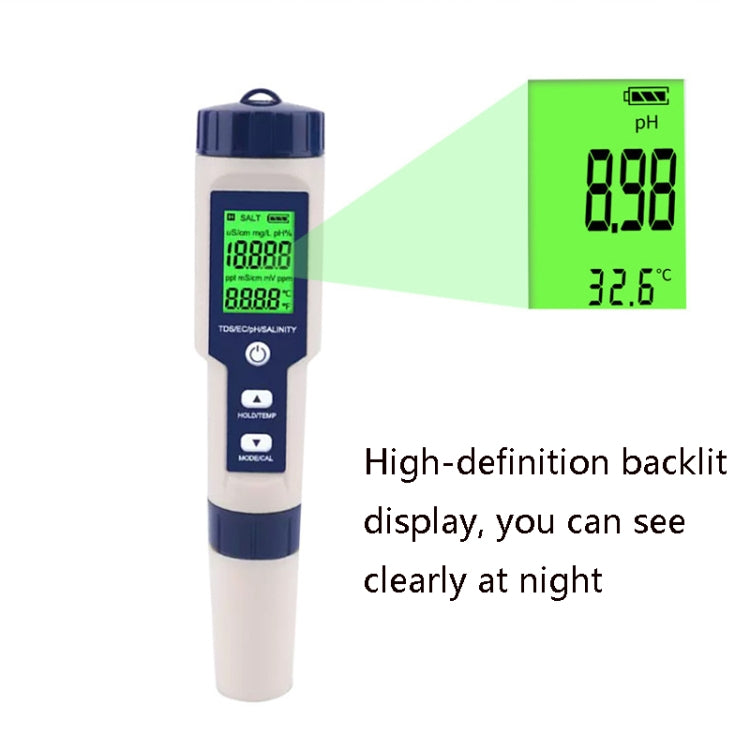 EZ-9909 PH/Salinidad/Temperatura/TDS/EC Pluma de prueba 5 en 1 Detector de calidad del agua multifuncional, 5-in-1 Test Pen