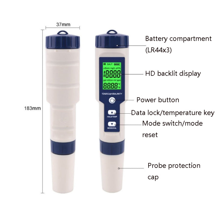 EZ-9909 PH/Salinidad/Temperatura/TDS/EC Pluma de prueba 5 en 1 Detector de calidad del agua multifuncional, 5-in-1 Test Pen