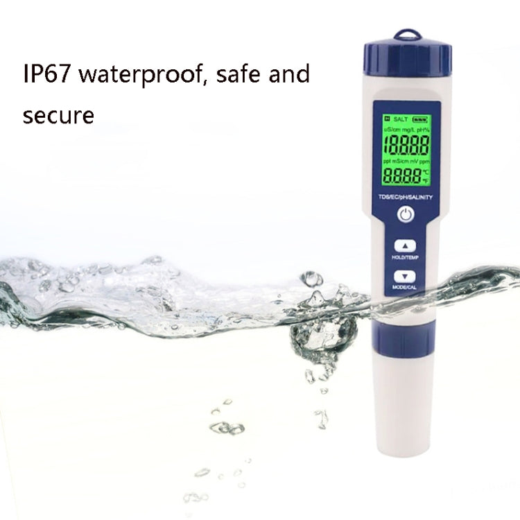 EZ-9909 PH/Salinidad/Temperatura/TDS/EC Pluma de prueba 5 en 1 Detector de calidad del agua multifuncional, 5-in-1 Test Pen