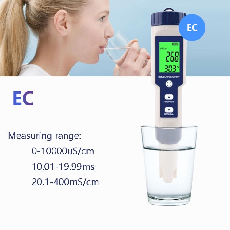EZ-9909 PH/Salinidad/Temperatura/TDS/EC Pluma de prueba 5 en 1 Detector de calidad del agua multifuncional, 5-in-1 Test Pen