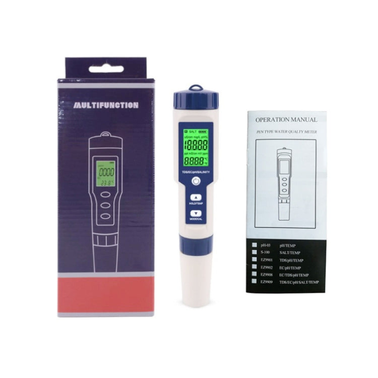 EZ-9909 PH/Salinidad/Temperatura/TDS/EC Pluma de prueba 5 en 1 Detector de calidad del agua multifuncional, 5-in-1 Test Pen