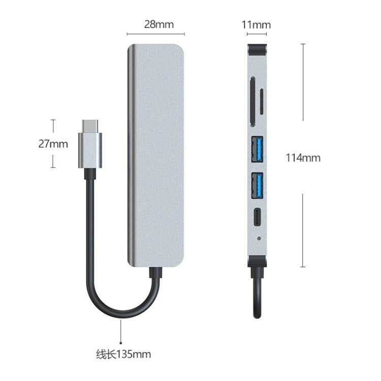 6 en 1 USB-C / Tipo-C a 4K HDMI + Ranura para tarjeta SD / TF + Carga PD USB-C / Tipo-C + 2 puertos USB 3.0 Estación de acoplamiento HUB multifuncional, 6 In 1