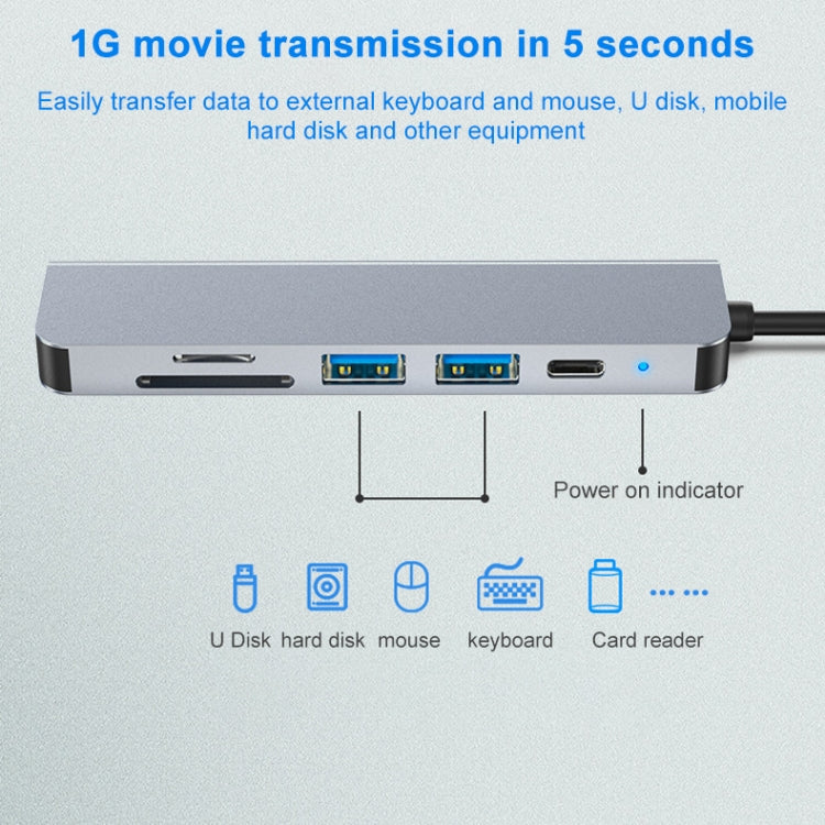 6 en 1 USB-C / Tipo-C a 4K HDMI + Ranura para tarjeta SD / TF + Carga PD USB-C / Tipo-C + 2 puertos USB 3.0 Estación de acoplamiento HUB multifuncional, 6 In 1