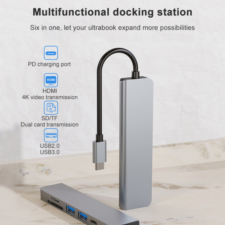 6 en 1 USB-C / Tipo-C a 4K HDMI + Ranura para tarjeta SD / TF + Carga PD USB-C / Tipo-C + 2 puertos USB 3.0 Estación de acoplamiento HUB multifuncional, 6 In 1